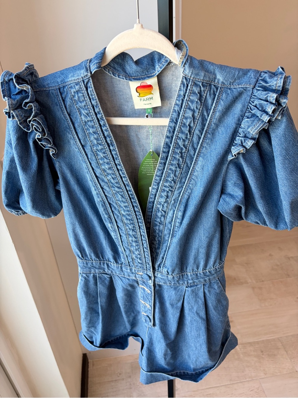 Farm Rio: Denim Ruffled Puff Sleeve Romper - Picture 9 of 10